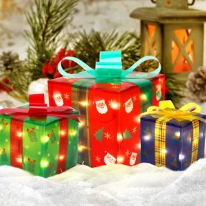 Lighted Gift Boxes Christmas Decorations - Set of 3 Gift Boxes (Red, Blue, Green) - Includes 50 Mini Lights - Ideal for Indoor and Outdoor Christmas Tree Home Party Decor