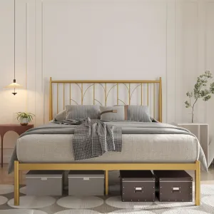 Gold Metal Queen Bed Frame with Headboard + Heavy Duty Slat Support + Noise-Free Design + Easy Assembly + Storage Space + Elegant Modern Style