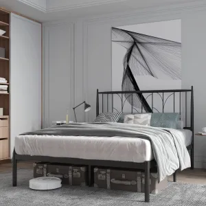 Queen Size Platform Bed Frame with Headboard, Heavy Duty Metal Slat Support, Noise Free Design, Easy Installation, Black, 12-inch Clearance, Modern Style
