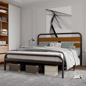 Full Size Platform Bed Frame, Rustic Wood Headboard, Heavy Duty Metal Slat Support, Noise Free, Easy Assembly, Light Brown