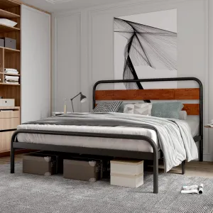 Full Size Platform Bed Frame with Wood Headboard, Heavy Duty Metal Slats, Noise-Free Design, Metal & Wood, Easy Installation, Dark Brown, Industrial Style