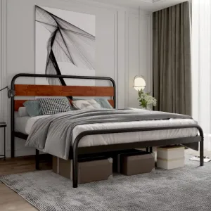 Queen Platform Bed Frame + Wood Headboard + Heavy Duty Metal Slat Support + Noise Free + Easy Installation + Dark Brown