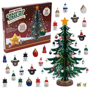 Christmas Advent Calendar Ornaments 2023,24 Days Countdown Advent Calendar with a Tabletop Wooden Christmas Tree and Ornaments Snowman Santa Decorations for Boys, Girls and, Xmas Gift