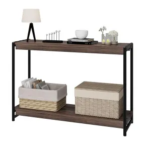 Brown Console Table 40" Entryway Table with Storage, Slatted Style 2-Tier Shelf, MDF & Metal Frame, Farmhouse Rustic, Living Room, Hallway, Easy Assembly
