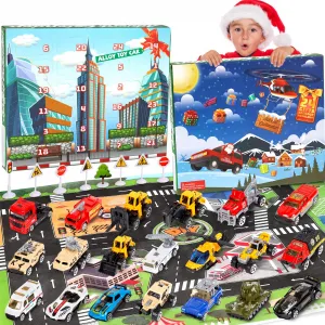 2023 Christmas Advent Calendar 24 Days Countdown Gifts with Alloy Vehicle, Helicopter, Play Mats,Perfect Christmas Gift for Boys and Girls