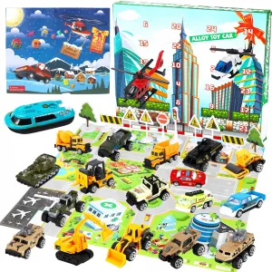 Advent Calendar with 24Pcs Alloy Vehicles Christmas Advent Calendar for Kids with Alloy Vehicles and Helicopter 24 Days Countdown Calendar Vehicles Toy for 3+ Years Old Kids