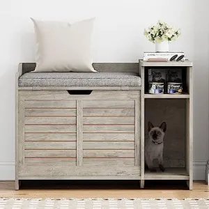 Cat Litter Box Enclosure with Cushion, Hidden Cat Litter Box Furniture, Cat Litter Box Furniture with Top Opening, Flip Top Litter Box Enclosure Cat House, Grey