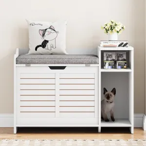 Cat Litter Box Enclosure with Cushion, Hidden Cat Litter Box Furniture, Cat Litter Box Furniture with Top Opening, Flip Top Litter Box Enclosure Cat House, White