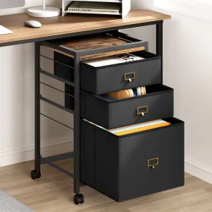 Mobile 3-Drawer File Cabinet with Wheels, Metal Frame, MDF Top, Fits Letter/A4, Rustic Black, Home Office Storage