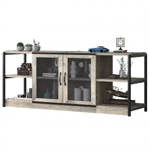 Industrial TV Stand for 65+ Inch TV, Rustic Grey, High-Density MDF & Metal, Storage & Mesh Door, Living Room & Farmhouse