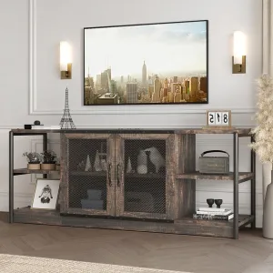 Farmhouse TV Stand for Living Room with Storage, Mesh Door, Rustic Oak Finish, Fits 65-70 inch TVs, Industrial Style, Media Console, Entertainment Center