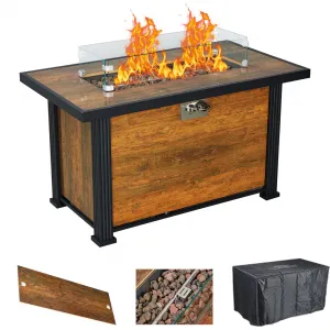 44 Inch Gas Fire Pit Square Table, 50,000 BTU Propane Fire table with Tempered Glass Wind Gaurd, Pulse Switch, Rain Cover, for Foolside, Lawn, Outside Garden,Thermal Transfer Woodgrain