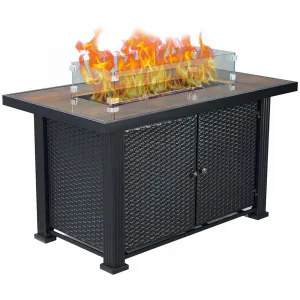 44″ 50000BTU Propane Fire Pit Table, Rectangle Fire Table, Rattan Panel, Glass Wind Guard, Black Tempered Glass Tabletop, CSA Safety Certified, Companion for Your Garden, Black