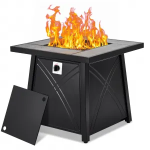 28 Inch Propane Fire Pit, Outdoor Gas Fire Pits Table 50,000BTU Squre Firepits Table with Lid and Lava Rock for Yard Patio Garden Outside Party, Black