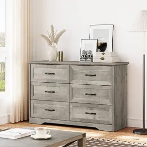 Dresser for Bedroom with 6 Drawers, Wood Drawer Dresser Chest of Drawers for Closet, Living Room, Hallway, Nursery, Kids Bedroom, Grey