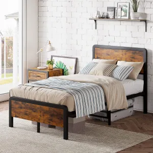 12" Twin Metal Bed Frame + Wooden Headboard & Footboard + 800lbs Capacity + Non-Slip & Noise-Free + Vintage Brown + Under Bed Storage + Bedroom
