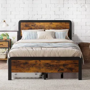 Full Size Bed Frame with Wood Headboard, Metal Platform, Strong Slats, Safe Rounded Corners, Noise Free, Vintage Brown