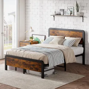 14 Inch Queen Metal Platform Bed Frame + Wooden Headboard + Footboard + Mattress Foundation + No Box Spring Needed + Large Under Bed Storage + Non-Slip Without Noise + Vintage Brown