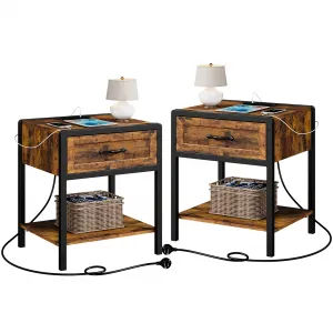 Nightstand Set of 2 with Charging Station, Retro Side Table with 1 Drawer, Open Storage Shelf and Safe Rounded Corners, Modern End Table Bedside Table for Bedroom Living Room Rustic Brown