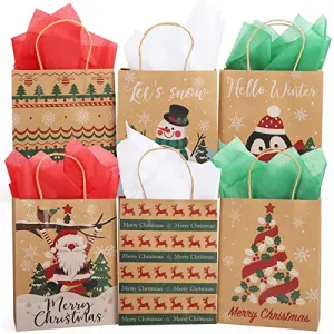 Christmas Gift Bags with Tissue Paper, 30 PCS Christmas Kraft Wrap Bags with Handles, 6 Designs Brown Paper Xmas Bags Medium Size for Xmas Holiday Party Favor Birthday Supplies