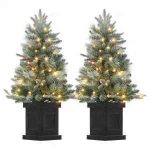 3ft Christmas Tree 2 Set, Pre-Lit Artificial Christmas Tree with Vintage Potted Base, Flocked Snow 70 Warm White LED Lights Red Berries, Festival Decoration Xmas Holiday Decor for Home, Entrances, 2 PCS