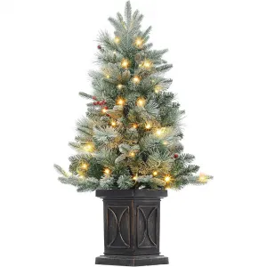 3ft Christmas Tree, Pre-Lit Christmas Tree Tabletop with 78 Warm White Lights, Artificial Christmas Tree with Berry Clusters, Battery Operated, Flocked Potted Christmas Tree for Front Door, Porch