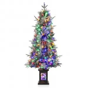 4.5ft Christmas Tree with 150 Multicolor Led Lights, Pre-Lit Snow Flocked Christmas Tree with Elk Potted Base, Holiday Xmas Tree Decoration for Home, Entrances, 1 PCS