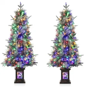 4.5ft Christmas Tree with 150 Multicolor Led Lights, Pre-Lit Snow Flocked Christmas Tree with Elk Potted Base, Holiday Xmas Tree Decoration for Home, Entrances, 2 PCS