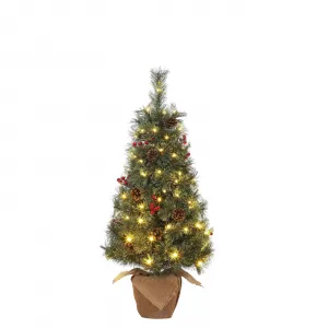 3ft Pre-lit Flocked Mini Christmas Tree with 70pcs Warm White Light Beads, Artificial Tabletop Small Christmas Tree with a Decorative Burlap Base, Christmas Decoration for Home