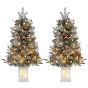 3ft Prelit Artificial Christmas Tree with Snowflake Light Box Base, 78 Warm Lights & Red Berry for Front Door, Porch, Entryway, Fireside Christmas Decoration, Set of 2