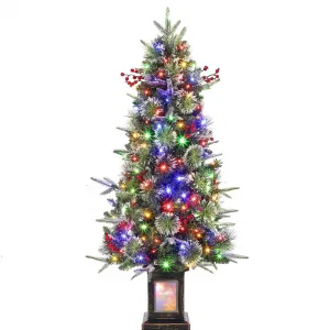 4.5ft Christmas Tree with 150 Multicolor Led Lights, Pre-Lit Snow Flocked Christmas Tree with Sturdy Base, Holiday Xmas Tree with Red Berries, Festival Decoration for Home, Entrances