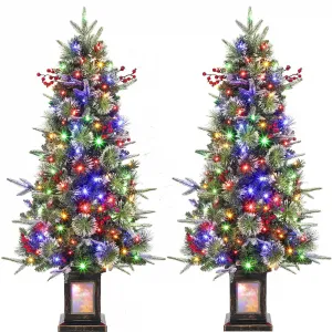 4.5ft Christmas Tree with 150 Multicolor Led Lights, Pre-Lit Snow Flocked Christmas Tree with Sturdy Base, Holiday Xmas Tree with Red Berries, Festival Decoration for Home, Entrances, 2 PCS