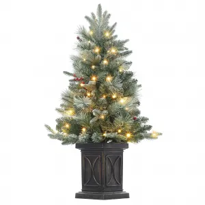 3 FT Pre-Lit Christmas Tree with 78 LED White Lights, Artificial Snow Flocked Christmas Tree with Red Berries, 8 Lighting Modes, Christmas Tree with Lighting Arc Brown Base for Home, Porch, Office