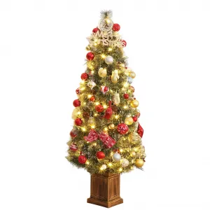 4ft Potted Pre-Lit Christmas Tree Artificial Snow Flocked Pine Tree for Home, Office, Party Decoration w/ 100 Warm-White Lights, Xmas Tree with Pine Cones Red Berries