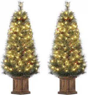 4.5ft Christmas Tree Set of 2, Pre-lit Artificial Christmas Tree with 108 Warm LED Light, Potted Xmas Tree with Red Berries and Pine Cones, Christmas Decoration for Porch Entryway