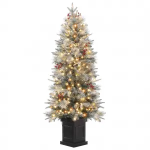 4.5ft Pre-Lit Snow Flocked Artificial Christmas Tree with 200 Warm White LED Lights,Potted Arctic Fir Christmas Tree,Xmas Tree with Red Berries for Home, Office, Party Decoration,White