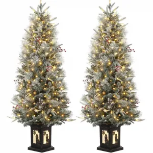 4.5ft Pre-Lit Snow Flocked Christmas Tree with 200 LED Lights, Artificial Potted Xmas Tree with 8 Lighting Modes, Faux Berries, Snowman Base, for Holiday Decor, 2 Pack
