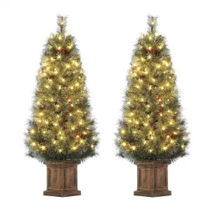 4.5ft Christmas Tree Set of 2, Snow Flocked Pre-lit Artificial Christmas Tree with 108 LED Lights & 8 Lighting Modes, Fake Xmas Tree with Red Berries, Christmas Decoration for Home