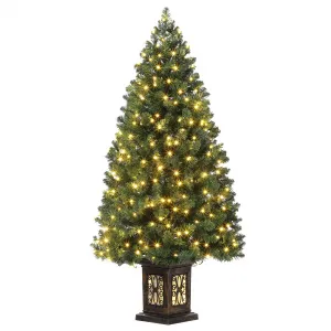 4.5ft Artificial Fiber Optic Christmas Tree with 300 LED Lights, 8 Lighting Modes, Pre-Lit Artificial Potted Xmas Tree, Christmas Decoration for Yard, Home, Entrances