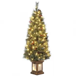 4.5FT Artificial Hinged Christmas Pine Tree, Pre-Lit Christmas Tree with 100 Warm Lights, Holiday Xmas Tree with Lighting Vintage Potted Base, Ideal Christmas Decoration, Home Party