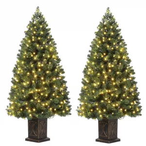 4.5ft Christmas Tree, Pre-Lit Artificial Fiber Optic Christmas Tree with 300 LEDs & 8 Lighting Modes, Prelit Potted Xmas Pine Tree Christmas Decoration for Yard, Home, Entrances - 2PCS