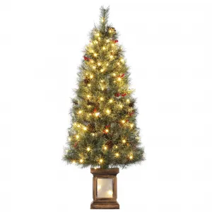 4.5ft Pre-Lit Artificial Xmas Tree with Pine Needles, Prelit Christmas Tree with 108 Warm White Lights, Hinged Branches and Classic & Elegant Vintage Potted Base, Perfect for Festive Decor