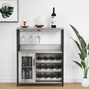 Farmhouse Coffee Bar Cabinet (Detachable Rack & Glass Holder) - Kitchen/Dining Room Sideboard, Grey - Wine Storage & Mesh Door Accent