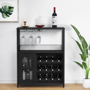 Large Storage Wine Cabinet with Detachable Rack & Mesh Door, Grey - Black