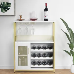 Wine Bar Cabinet with Drawer, Glass Holder, MDF Board, Iron Legs, Large Storage, Removable Racks, Easy Assembly