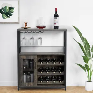 Large Storage Wine Cabinet with Detachable Rack & Mesh Door, Grey - Dark Wood
