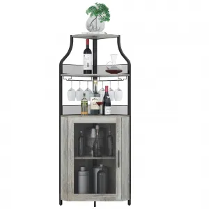 Corner Wine Bar Rack Cabinet with Detachable Wine Rack, Bar Cabinet with Glass Holder and Mesh Door, Liquor Coffe Bar Cabinet with Adjustable Shelves, ‎Grey