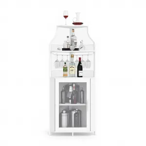 Corner Wine Bar Rack Cabinet with Detachable Wine Rack, Bar Cabinet with Glass Holder and Mesh Door, Liquor Coffe Bar Cabinet with Adjustable Shelves, ‎White