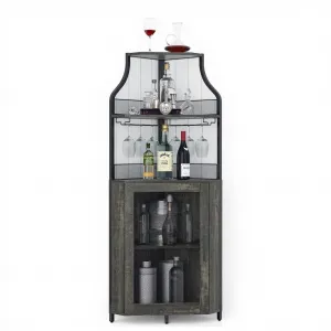 Corner Wine Bar Rack Cabinet with Detachable Wine Rack, Bar Cabinet with Glass Holder and Mesh Door, Liquor Coffe Bar Cabinet with Adjustable Shelves, Dark Wood