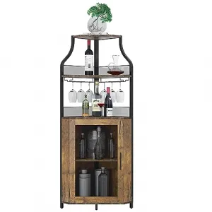 Corner Wine Bar Rack Cabinet with Detachable Wine Rack, Bar Cabinet with Glass Holder and Mesh Door, Liquor Coffe Bar Cabinet with Adjustable Shelves, Rustic Brown
